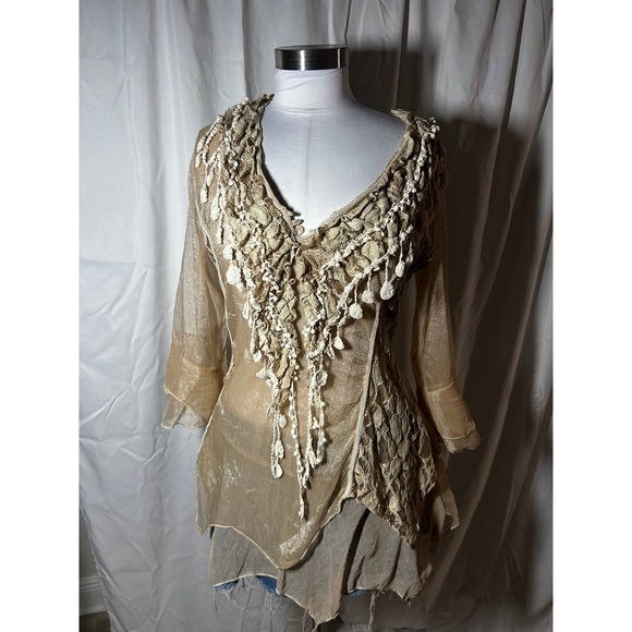 Vintage Pretty Angel Silk Blend Crochet Lace Tunic Top Tan Beige Boho Fairy - Picture 5 of 8